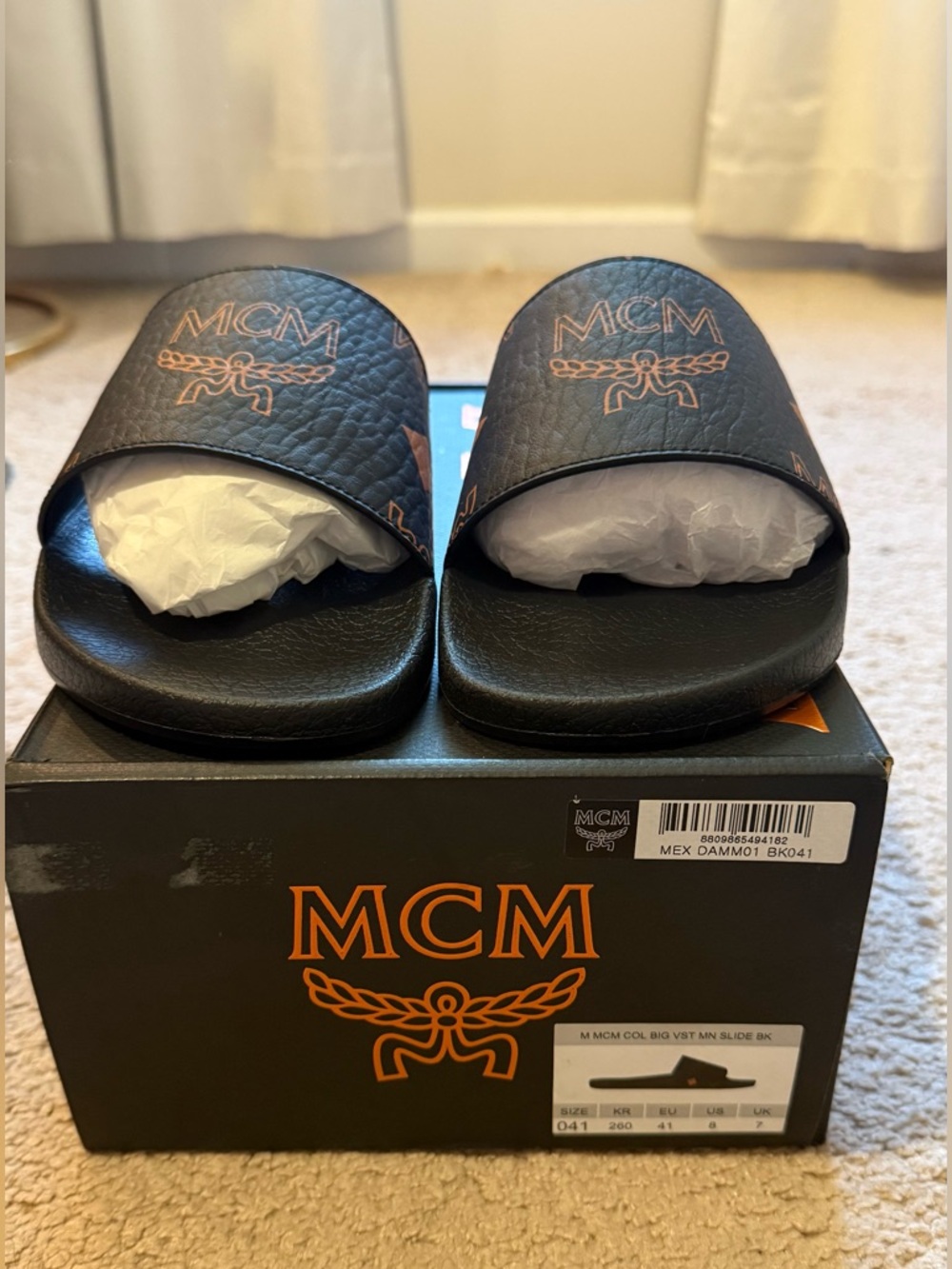 MCM Black Logo Slide Sandals with Orange Accents
